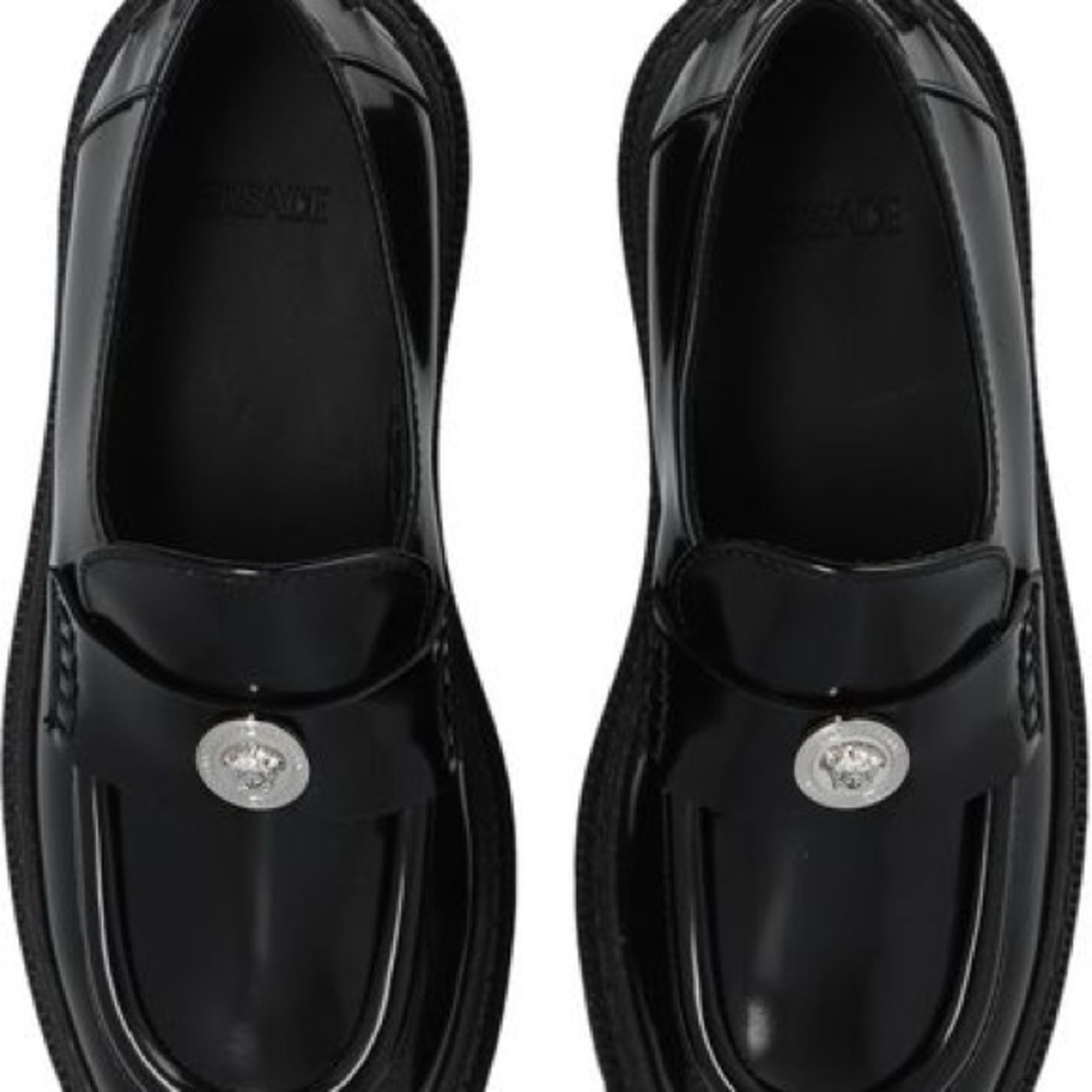 Versace Glossy Black Loafers with Silver Accent